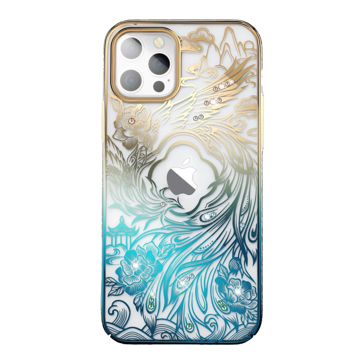 Prabangus Iphone 14 Dėklas Su Kingxbar Phoenix Kristalais - Aukso Ir Mėlynos Spalvos
