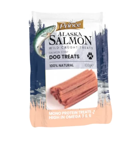 PRINCE skanukai šunims Aliaskos lašiša/žuvies odelės juostelės 100g