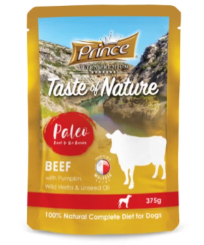PRINCE Taste of Nature Paleo šlapias ėdalas šunims jautiena/moliūgas/laukinės žolelės/linų sėmenų aliejus 375g