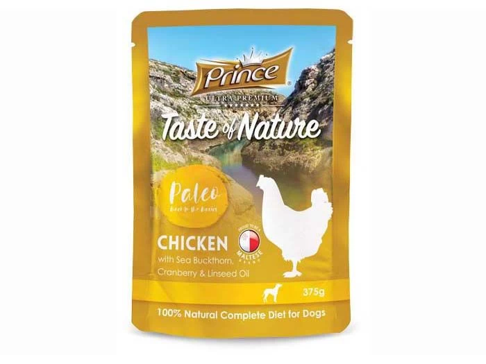PRINCE Taste of Nature Paleo šlapias ėdalas šunims vištiena/šaltalankiai/linų sėmenų aliejus 375g