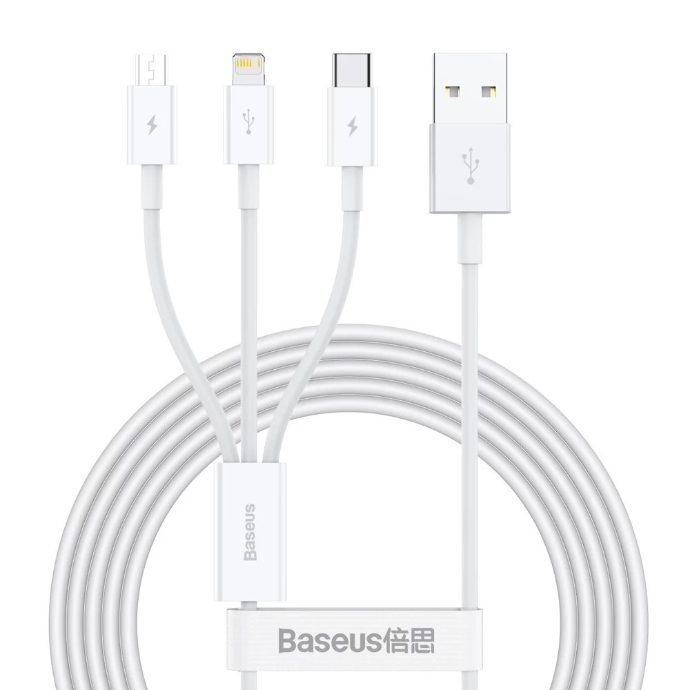 Puikus 3-in-1 Usb Kabelis Iphone Lightning Usb-c Microusb 3,5 A 1,5 M Baltas