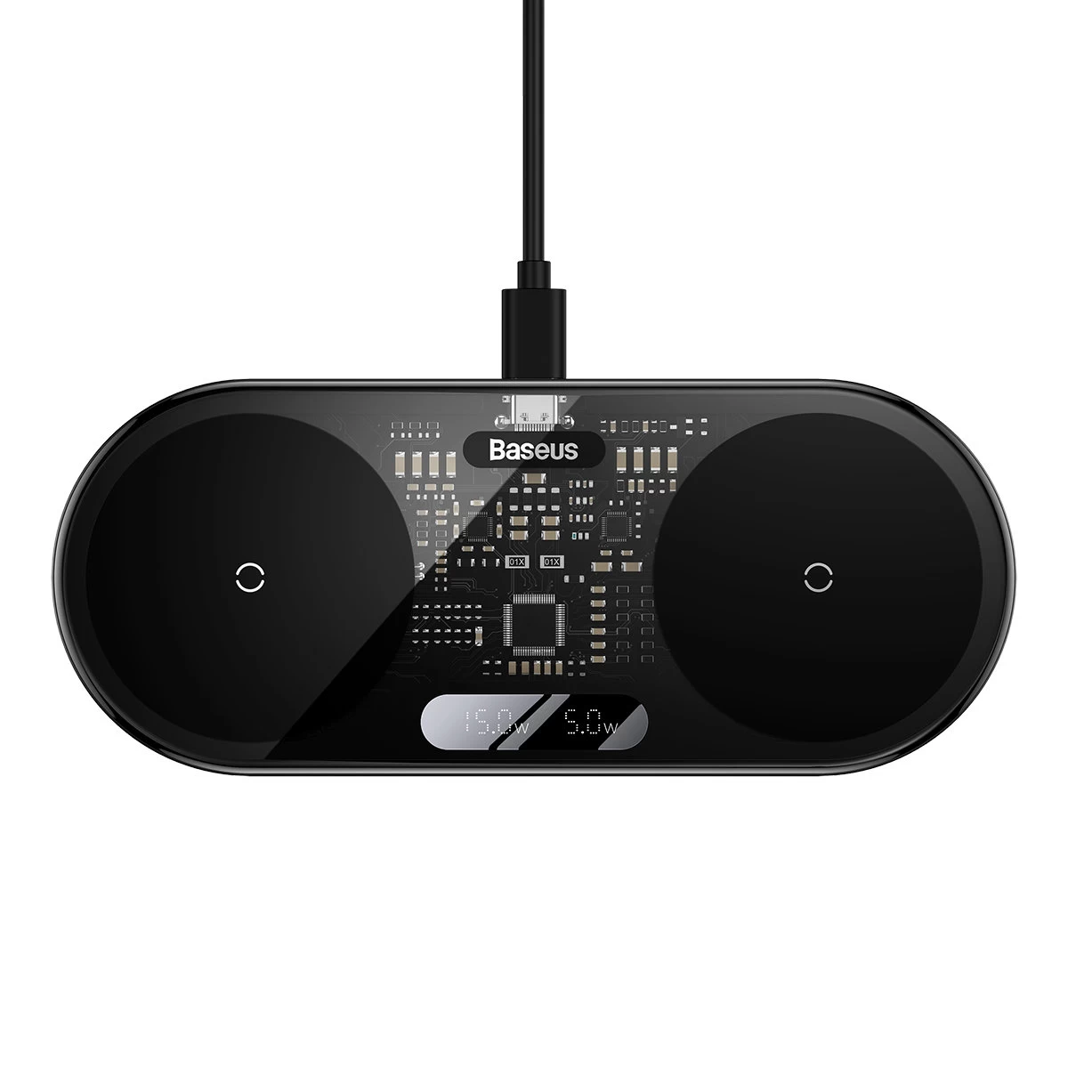 Qi Dvigubas Belaidis įkroviklis Su Ekranu Usb-c 20w - Juodas
