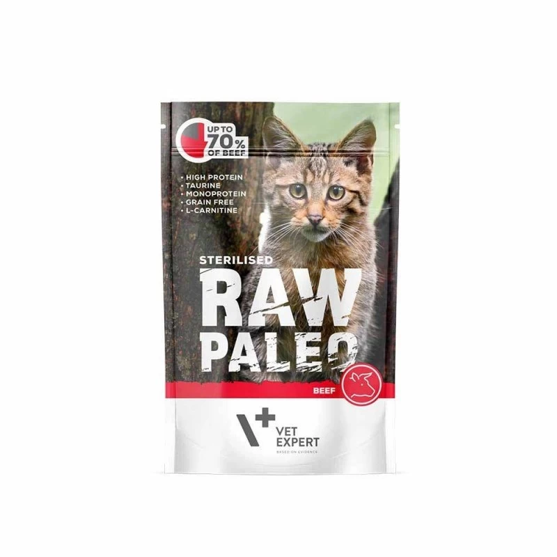 RAW PALEO šlapias kačių maistas sterilizuotoms katėms, jautiena, 100g
