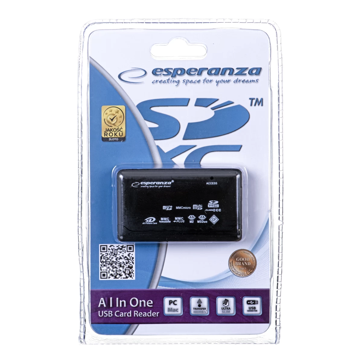 Reader card Esperanza EA119 (External; CF, MMC, SD, SDHC, SDXC)