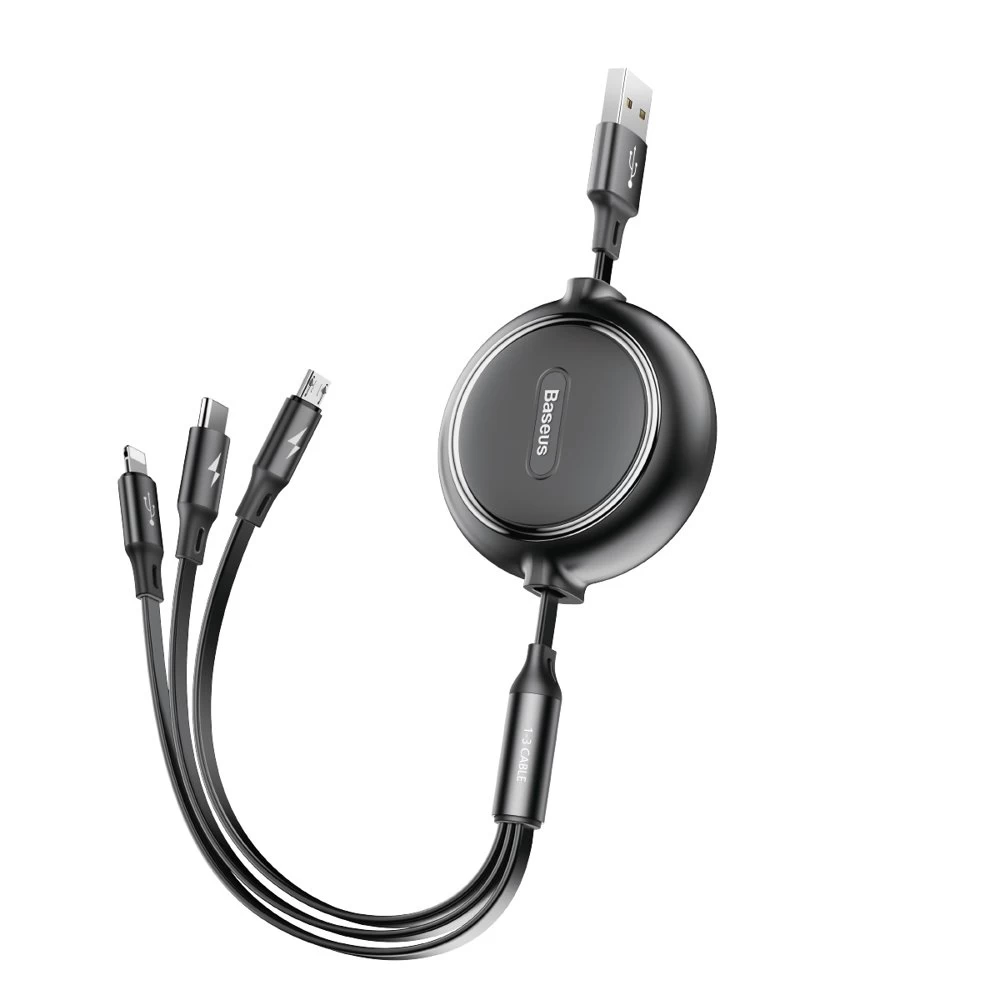 rollaway Kabelis 3in1 Usb Microusb Iphone Lightning Usb-c 3.5a 35cm 120cm Juodas