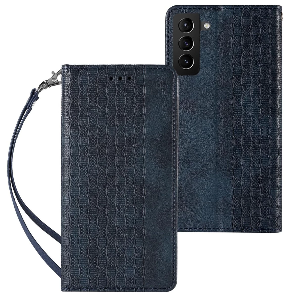 samsung Galaxy S22+ (s22 Plus) Piniginės Dangtelis Su Magnetiniu Dirželiu + Mini Dirželio Pakabukas Mėlynos Spalvos