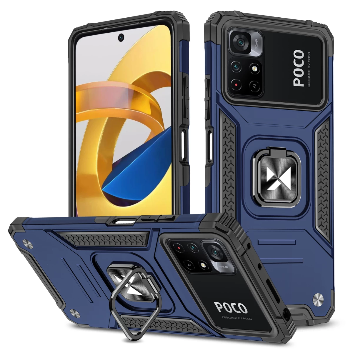 šarvuotas Dėklas + Magnetinis Laikiklis Mi Poco M4 Pro 5g / Redmi Note 11 5g Ring Armor Blue