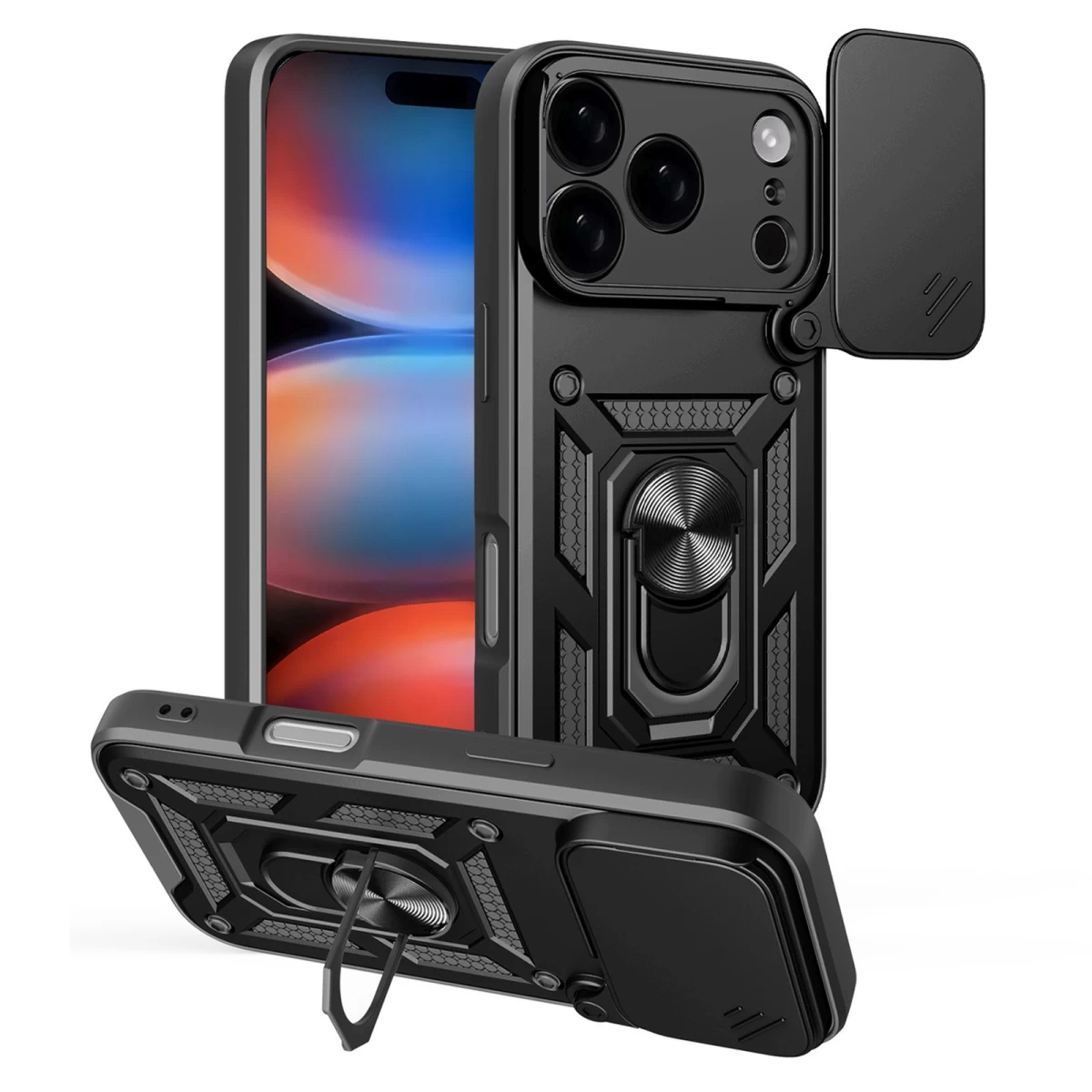 šarvuotas Dėklas Su Stovu Ir Fotoaparato Dangteliu iphone 17 Pro Hybrid Armor Camshield - Juodas