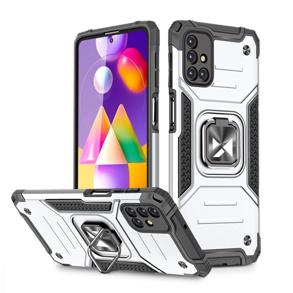 šarvuotas Hibridinis Dėklas Samsung Galaxy M31s + Magnetinis Laikiklis Ring Armor Silver