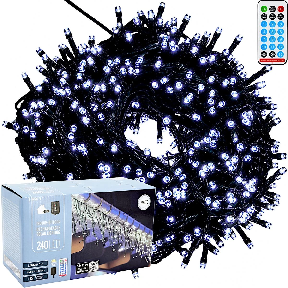Saulės Energija Maitinama šviesos Grandinė, 240 Led, 13 Funkcijų, Balta