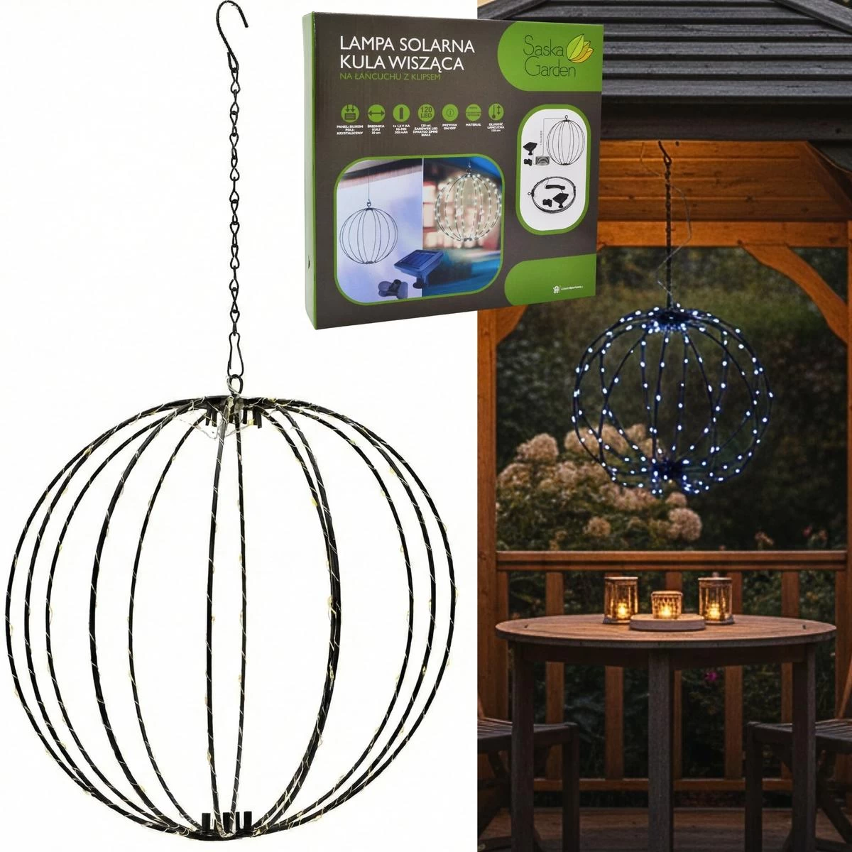 Saulės Pakabinama Lempa Rutulys 30 Cm 120 Led šaltai Balta