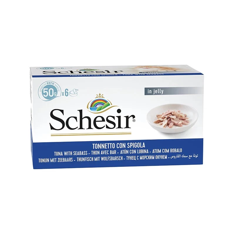 SCHESIR šlapias kačių maistas drebučiuose, tunas su jūros ešeriu, 6x50g