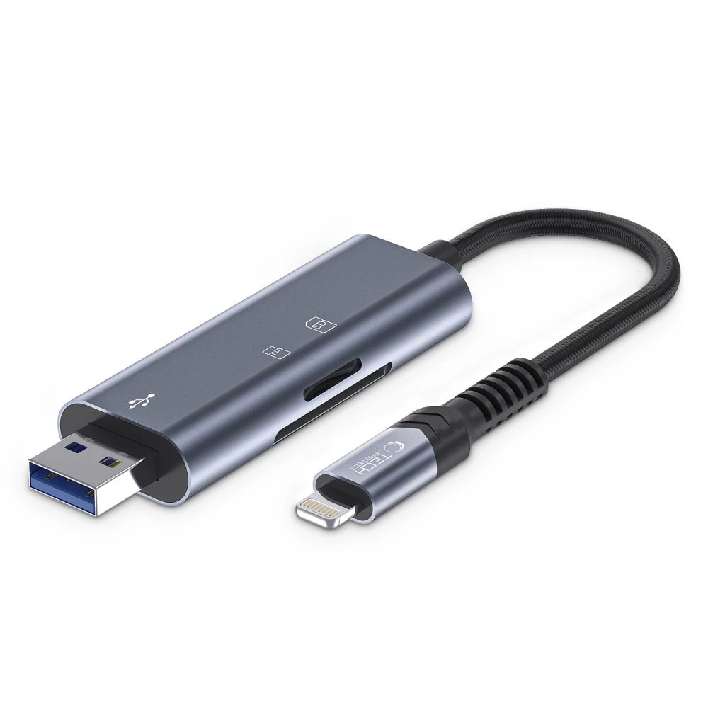 Sd / Micro Sd Atminties Kortelių Skaitytuvas Su iphone Lightning / Usb-a Jungtimi - Pilkas