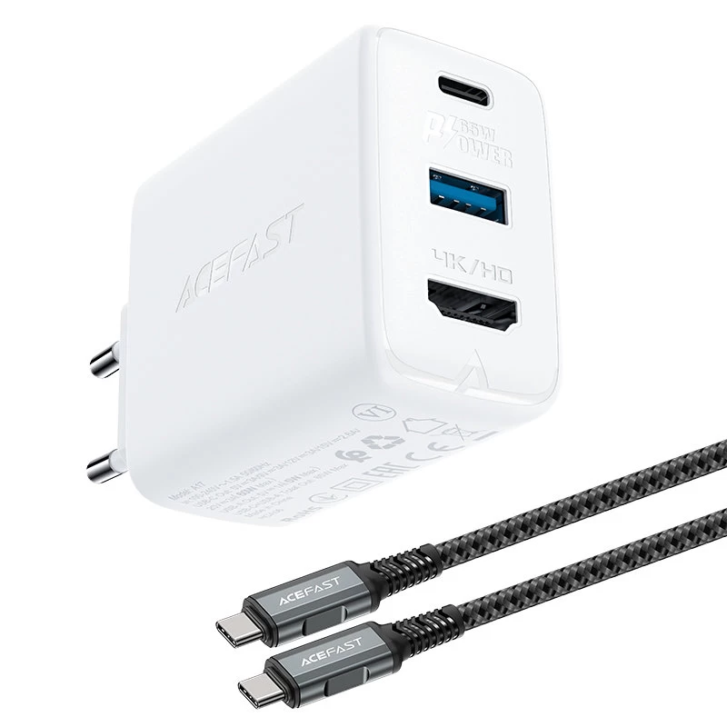 Sieninis įkroviklis 2-in-1 Su Usb-c Kabeliu + Usb-c Ir Hdmi 4k Adapteris, Baltas