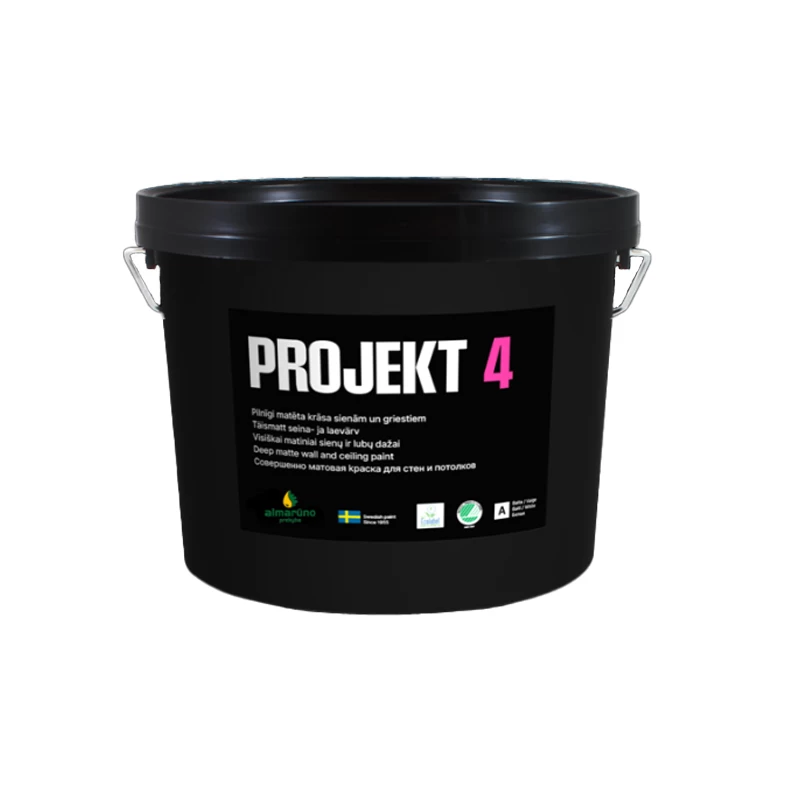 Sienų ir lubų dažai PROJEKT 4 A bazė, 0,9l balta sp. matiniai Sienų ir lubų dažai PROJEKT 4 A bazė, 0,9l balta sp. matiniai