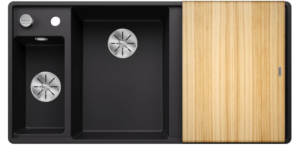 Silgranitinė plautuvė AXIA III 6 S-F LI SILG PDUR Juoda Z.ES InFino M.AF su medine lentele ir nuvarvėjimo indu