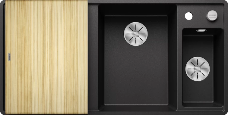 Silgranitinė plautuvė AXIA III 6 S-F RE SILG PDUR Antracitas Z.ES InFino M.AF su medine lentele ir nuvarvėjimo indu