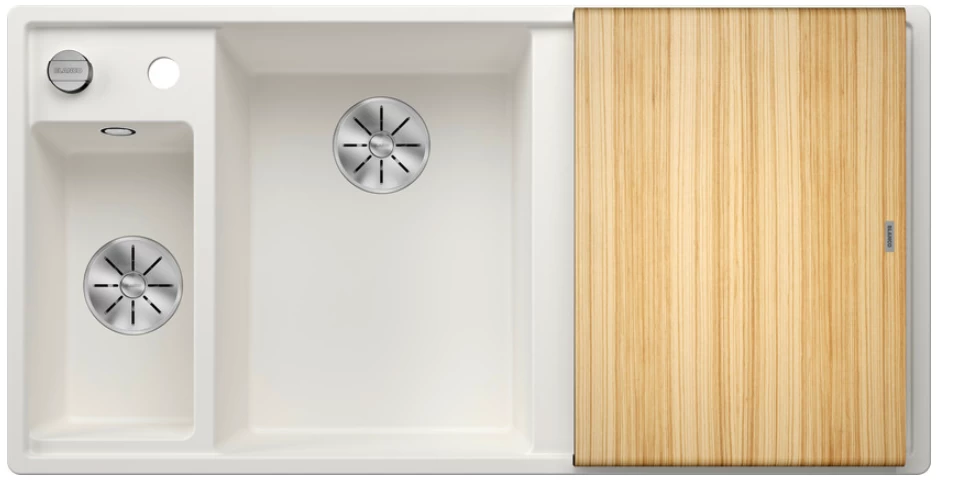 Silgranitinė plautuvė AXIA III 6 S LI SILG PDUR Balta Z.ES InFino M.AF su medine lentele ir nuvarvėjimo indu