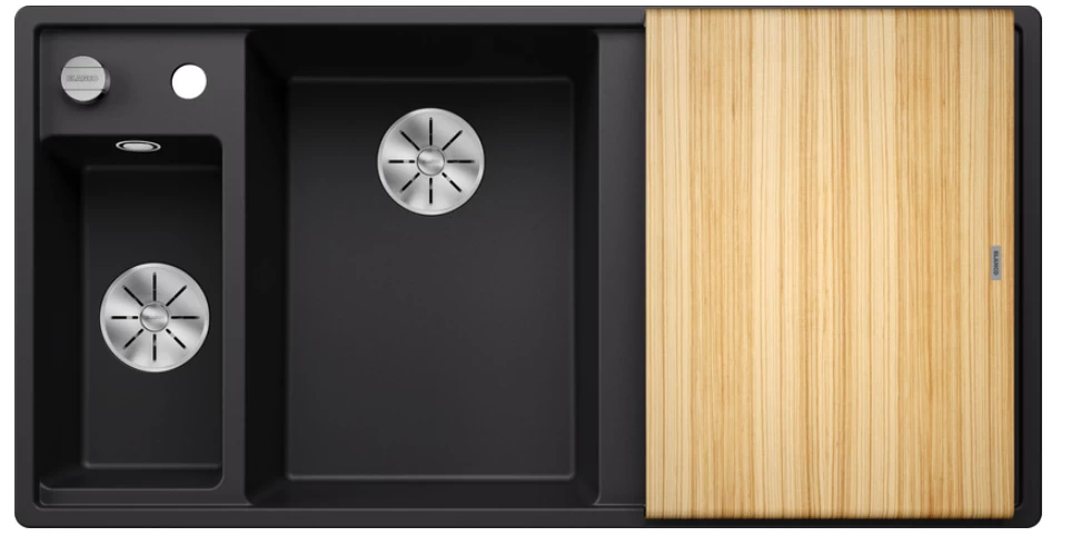 Silgranitinė plautuvė AXIA III 6 S LI SILG PDUR Juoda Z.ES InFino M.AF su medine lentele ir nuvarvėjimo indu