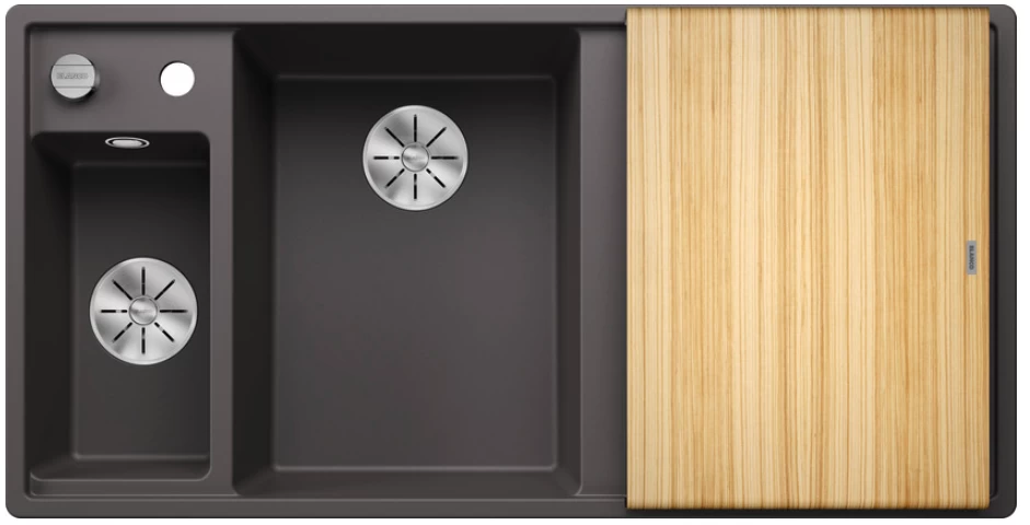 Silgranitinė plautuvė AXIA III 6 S LI SILG PDUR Pilka Z.ES InFino M.AF su medine lentele ir nuvarvėjimo indu