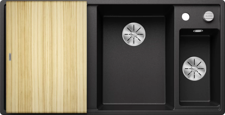 Silgranitinė plautuvė AXIA III 6 S RE SILG PDUR Antracitas Z.ES InFino M.AF su medine lentele ir nuvarvėjimo indu