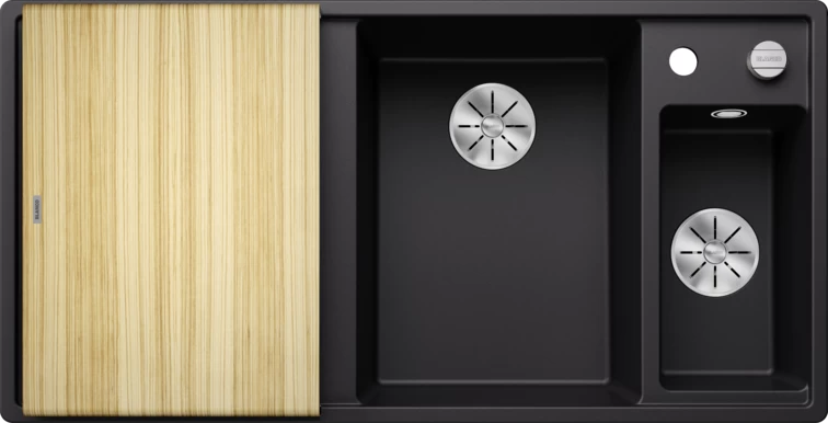 Silgranitinė plautuvė AXIA III 6 S RE SILG PDUR Juoda Z.ES InFino M.AF su medine lentele ir nuvarvėjimo indu