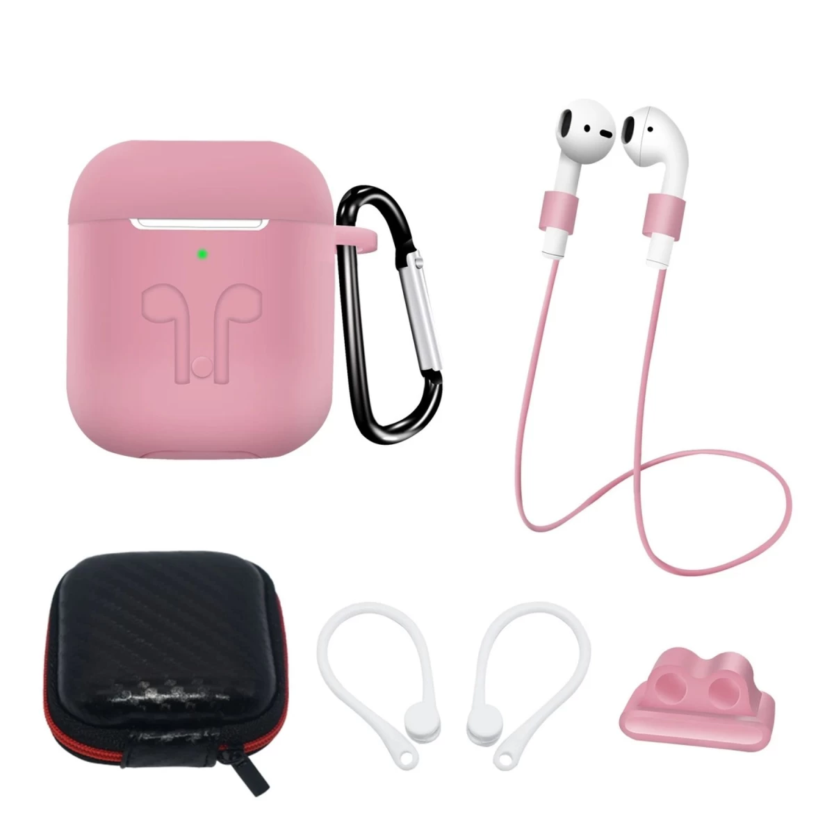 Silikoninių Dėklų Rinkinys airpods 2 / airpods 1 + Dėklas / Ausies Kabliukas / Kaklo Dirželis / Laikrodžio Dirželio Laikiklis / Karabinas - Rožinis Silikoninių Dėklų Rinkinys airpods 2 / airpods 1 + Dėklas / Ausies Kabliukas / Kaklo Dirželis / Laikrodžio Dirželio Laikiklis / Karabinas - Rožinis