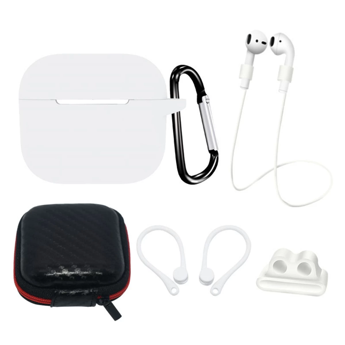 Silikoninių Dėklų Rinkinys airpods 3 + Dėklas / Ausų Kabliukas / Kaklo Dirželis / Laikrodžio Juostos Laikiklis / Karabinas - Baltas Silikoninių Dėklų Rinkinys airpods 3 + Dėklas / Ausų Kabliukas / Kaklo Dirželis / Laikrodžio Juostos Laikiklis / Karabinas - Baltas