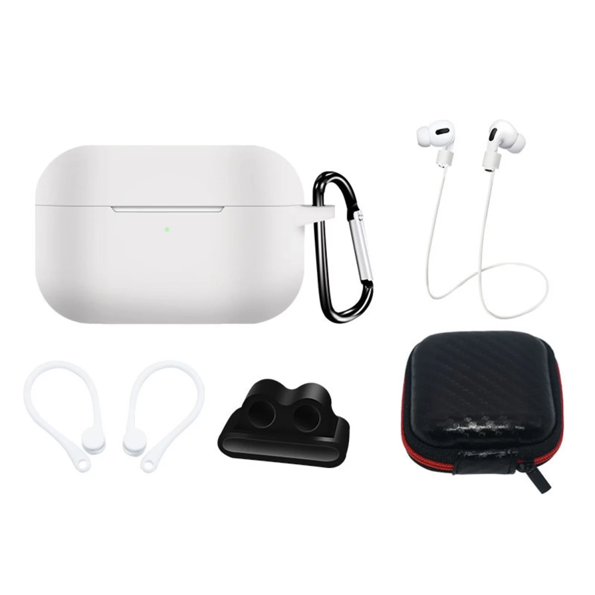 Silikoninių Dėklų Rinkinys airpods Pro 2 / airpods Pro 1 + Dėklas / Ausų Kabliukai / Kaklo Dirželis / Laikrodžio Dirželio Laikiklis / Karabinas - Baltas Silikoninių Dėklų Rinkinys airpods Pro 2 / airpods Pro 1 + Dėklas / Ausų Kabliukai / Kaklo Dirželis / Laikrodžio Dirželio Laikiklis / Karabinas - Baltas