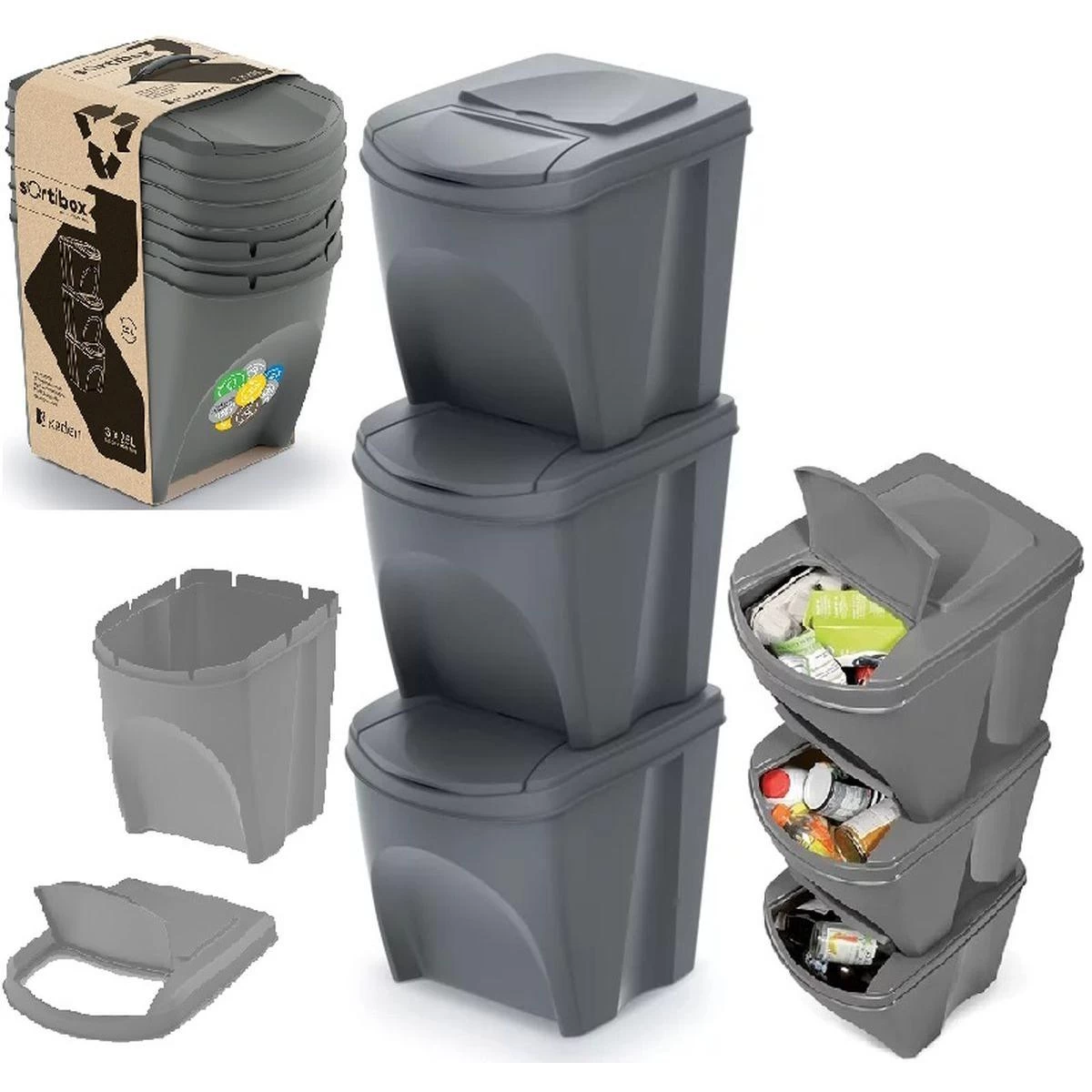 šiukšliadėžė 25 L Sortibox Rinkinys 3 Vnt. Pilkas Akmuo