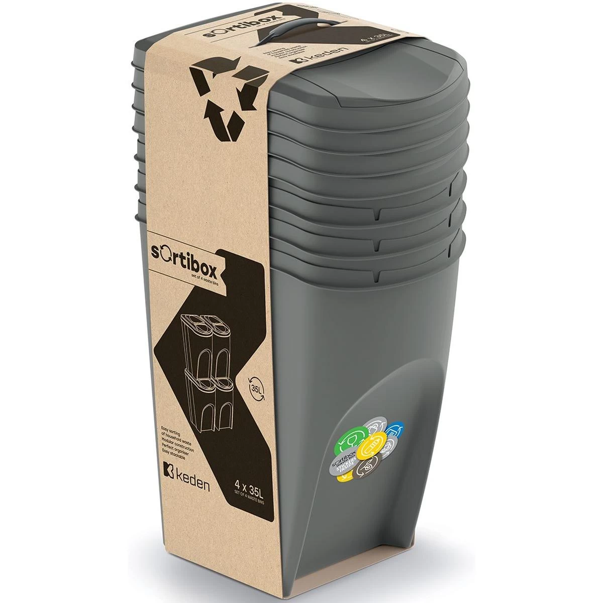 šiukšliadėžė 35 L Sortibox Rinkinys4 Vnt. Pilkas Akmuo