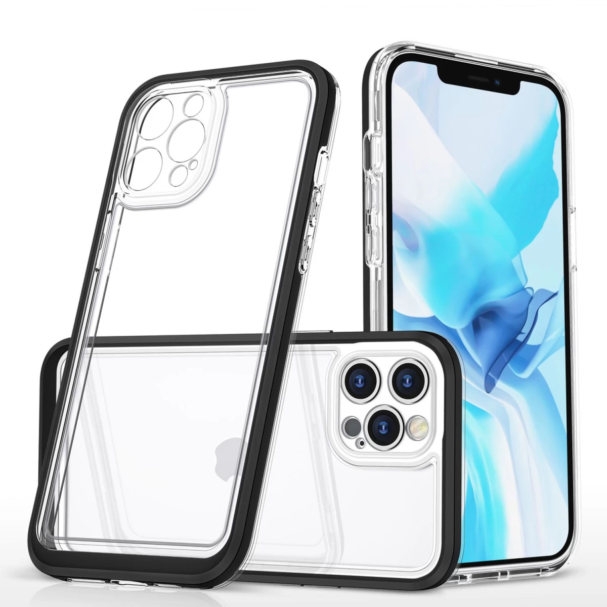 Skaidrus 3in1 Dėklas Iphone 12 Pro Gelinis Dėklas Su Rėmeliu Juodas