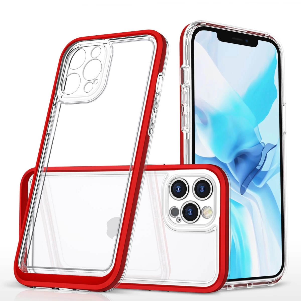 Skaidrus 3in1 Dėklas iphone 12 Pro Max Gelinis Dėklas Su Rėmeliu Raudonas