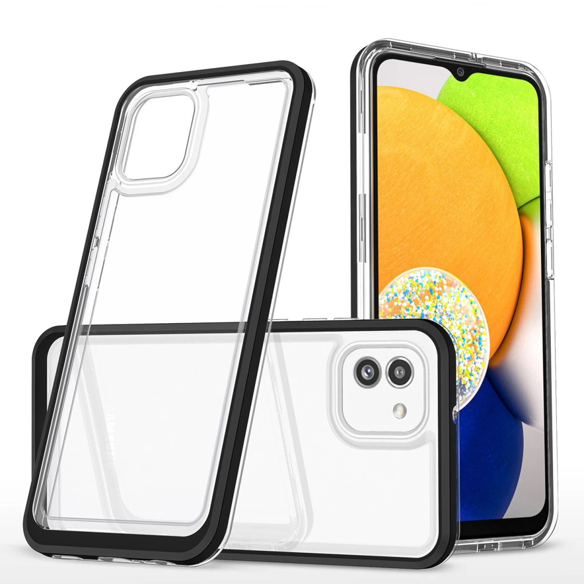 Skaidrus 3in1 Dėklas Samsung Galaxy A03 Silikoninis Dangtelis Su Rėmeliu Juodas
