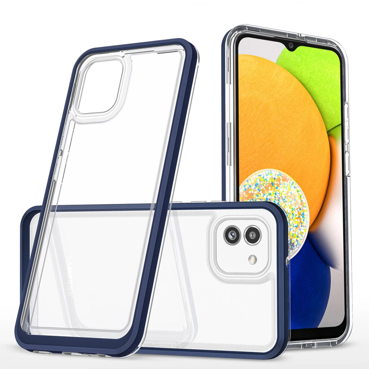 Skaidrus 3in1 Dėklas Samsung Galaxy A03 Silikoninis Dangtelis Su Rėmeliu Mėlynas