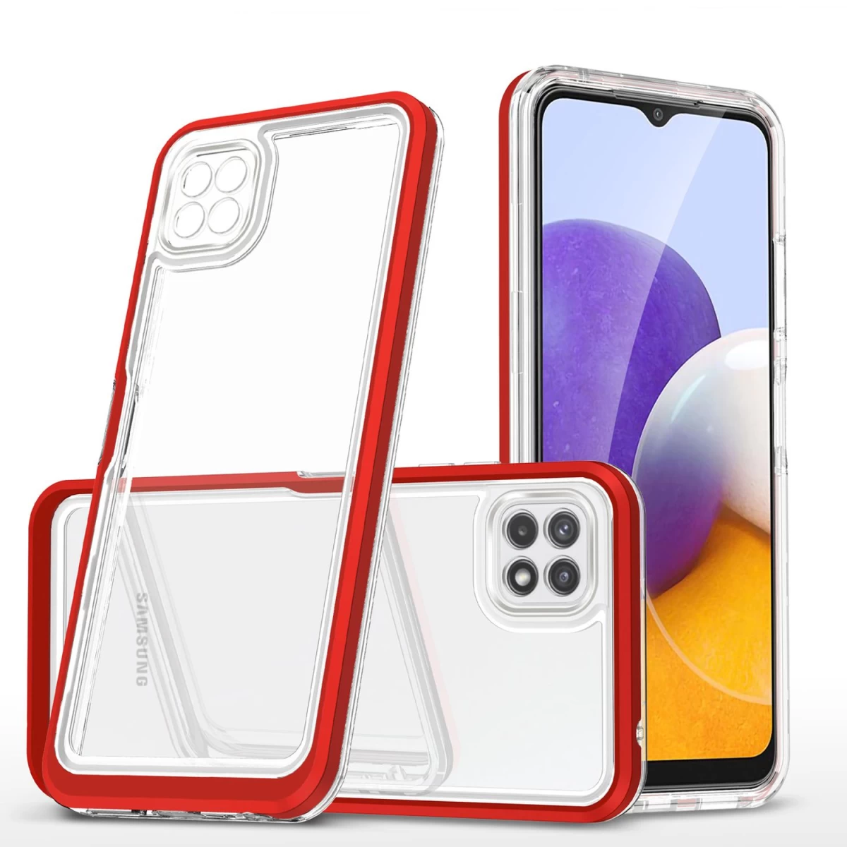 Skaidrus 3in1 Dėklas Samsung Galaxy A22 5g Gelinis Dangtelis Su Rėmeliu Raudonas