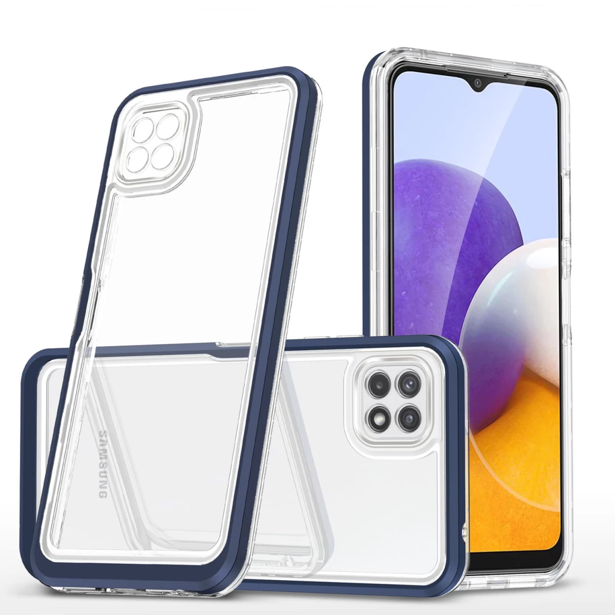 Skaidrus 3in1 Dėklas Samsung Galaxy A22 5g Gelinis Dėklas Su Mėlynu Rėmeliu
