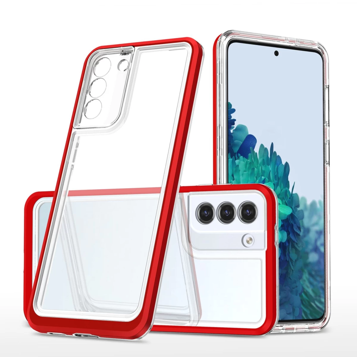 Skaidrus 3in1 Dėklas Samsung Galaxy S23, Silikoninis Dangtelis Su Raudonu Rėmeliu