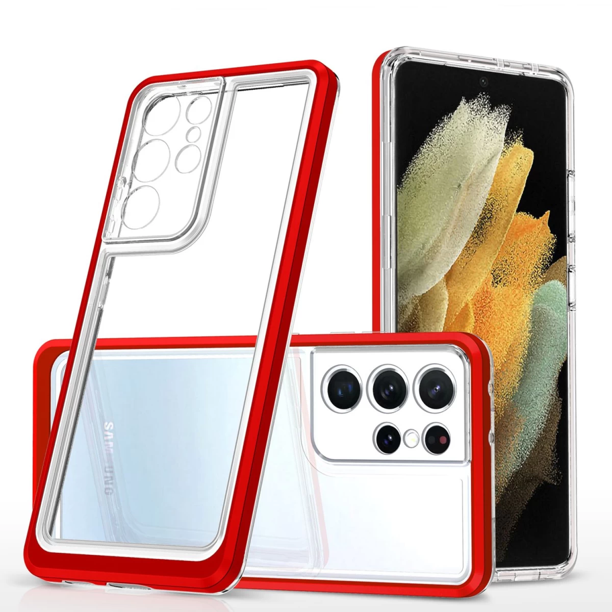 Skaidrus 3in1 Dėklas samsung Galaxy S23 Ultra Silikoninis Dangtelis Su Raudonu Rėmeliu