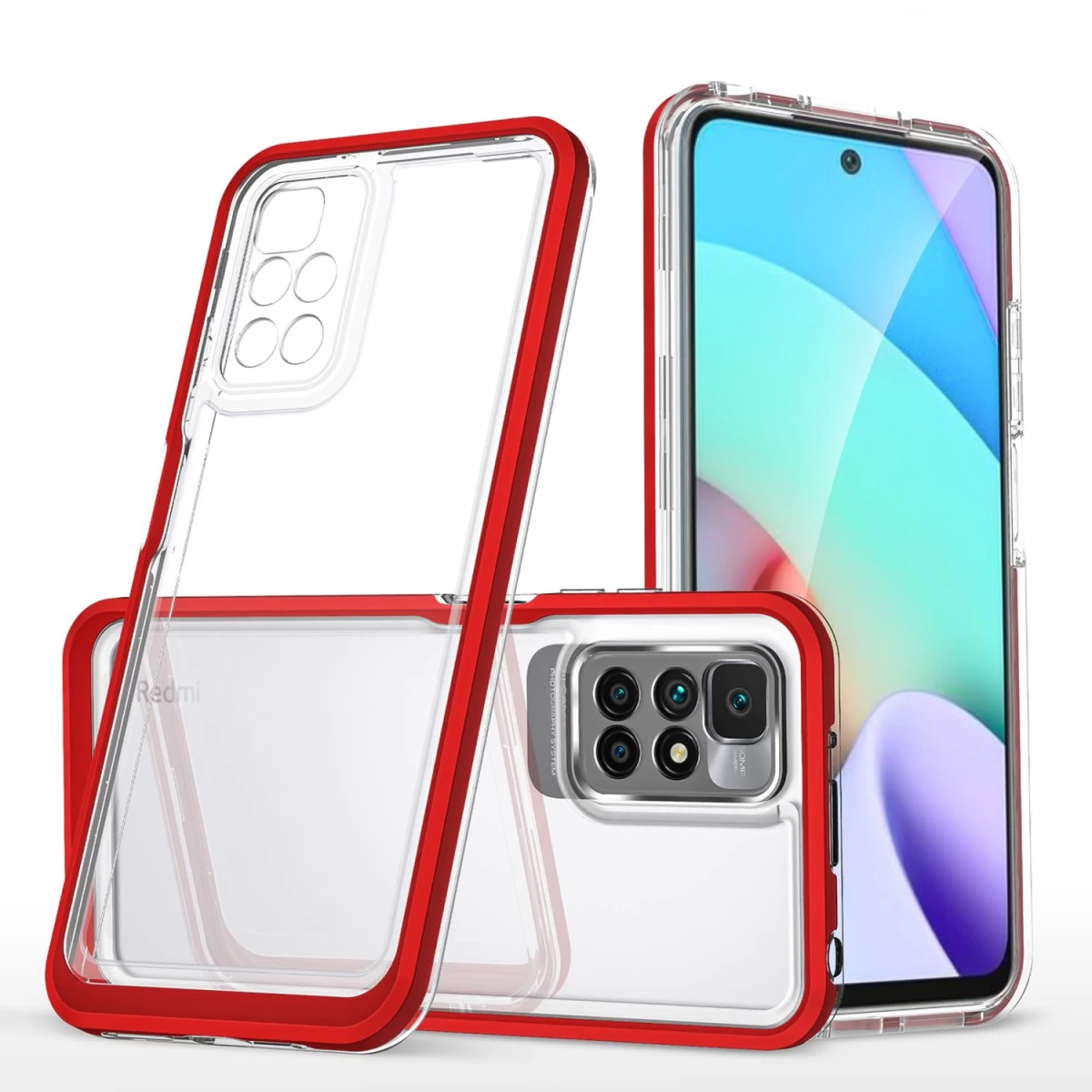 Skaidrus 3in1 Dėklas Xiaomi Redmi 10 Gelinis Dėklas Su Rėmeliu Raudonos Spalvos