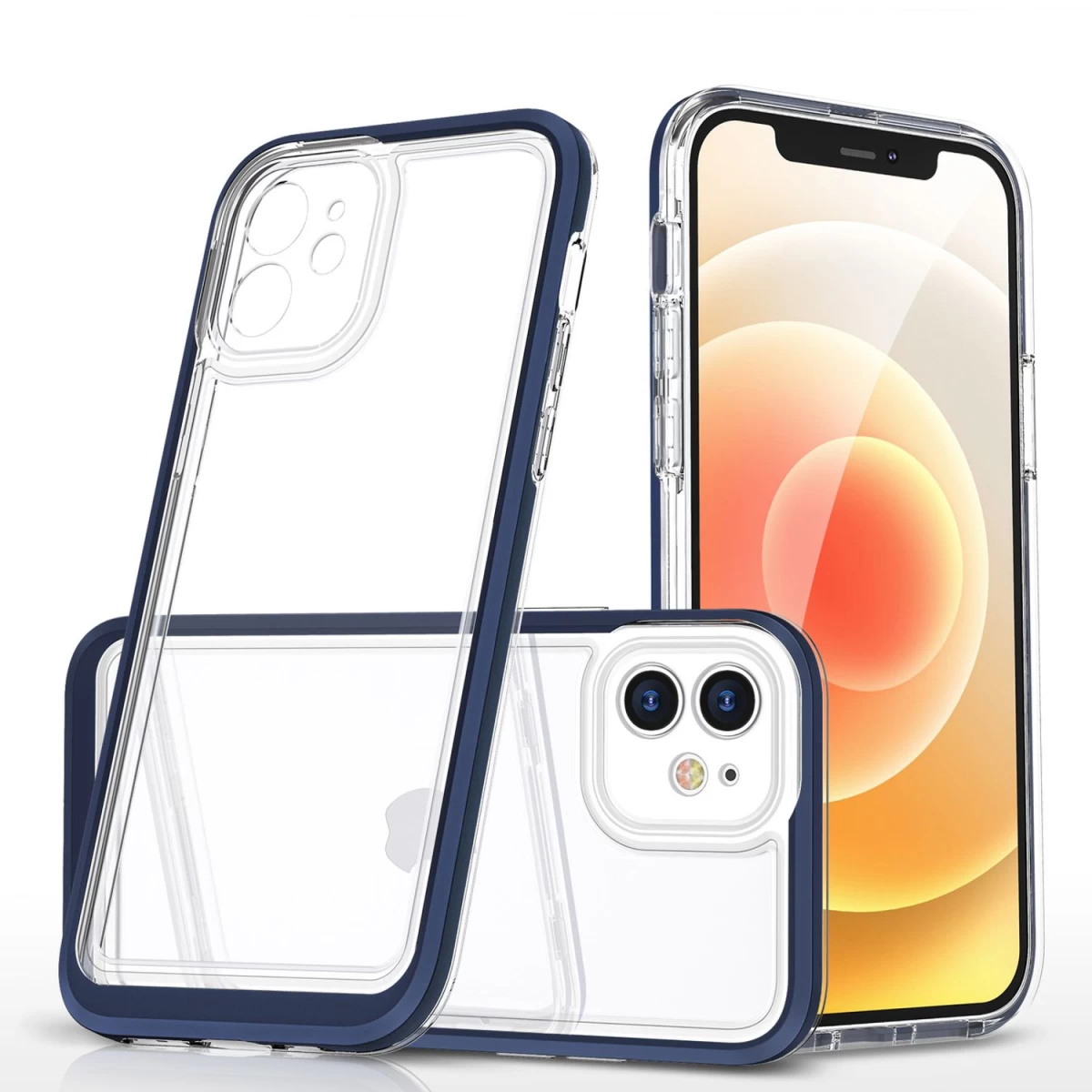 Skaidrus 3in1 Iphone 12 Gelinis Dėklas Su Mėlynu Rėmeliu