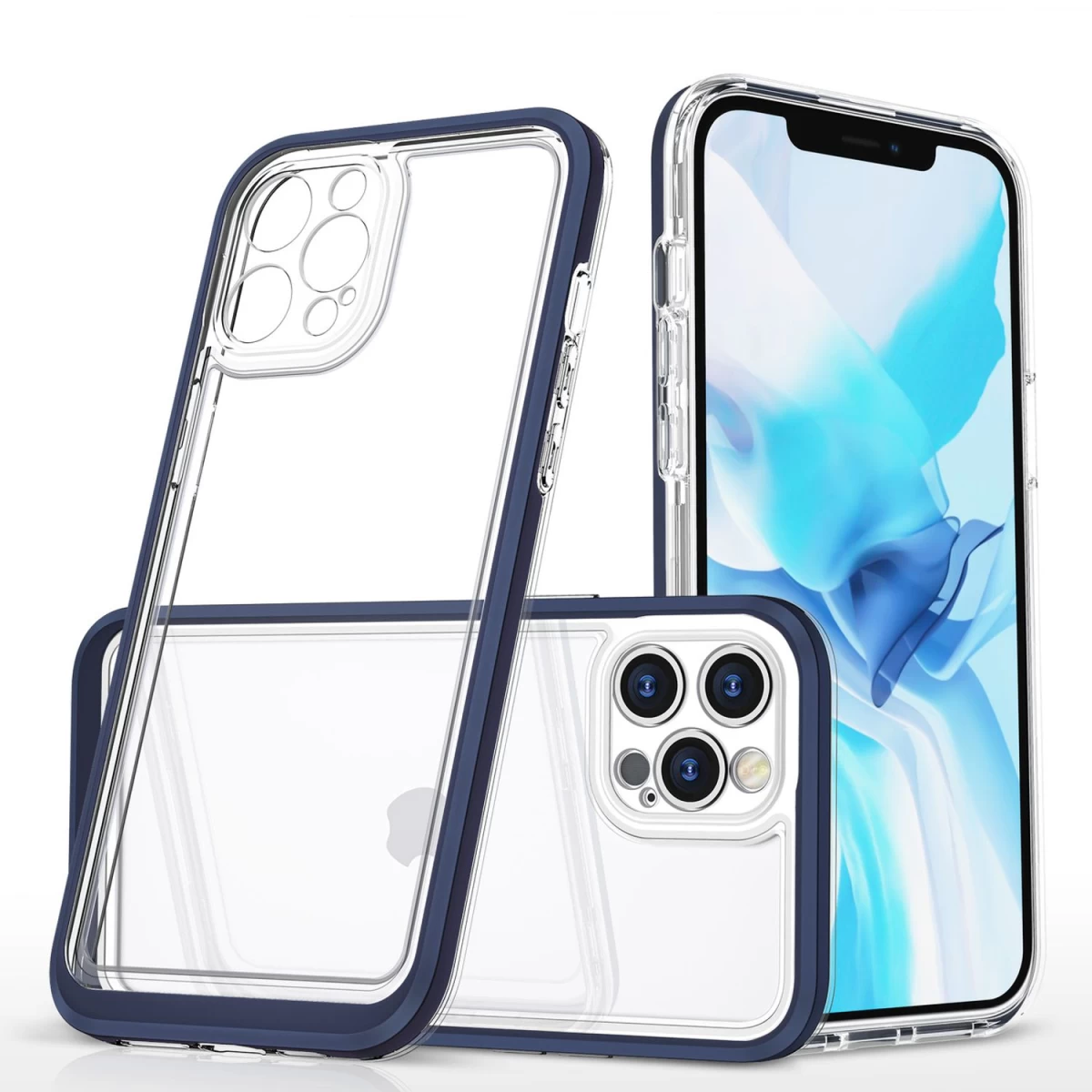 Skaidrus 3in1 Iphone 12 Pro Gelinis Dėklas Su Mėlynu Rėmeliu