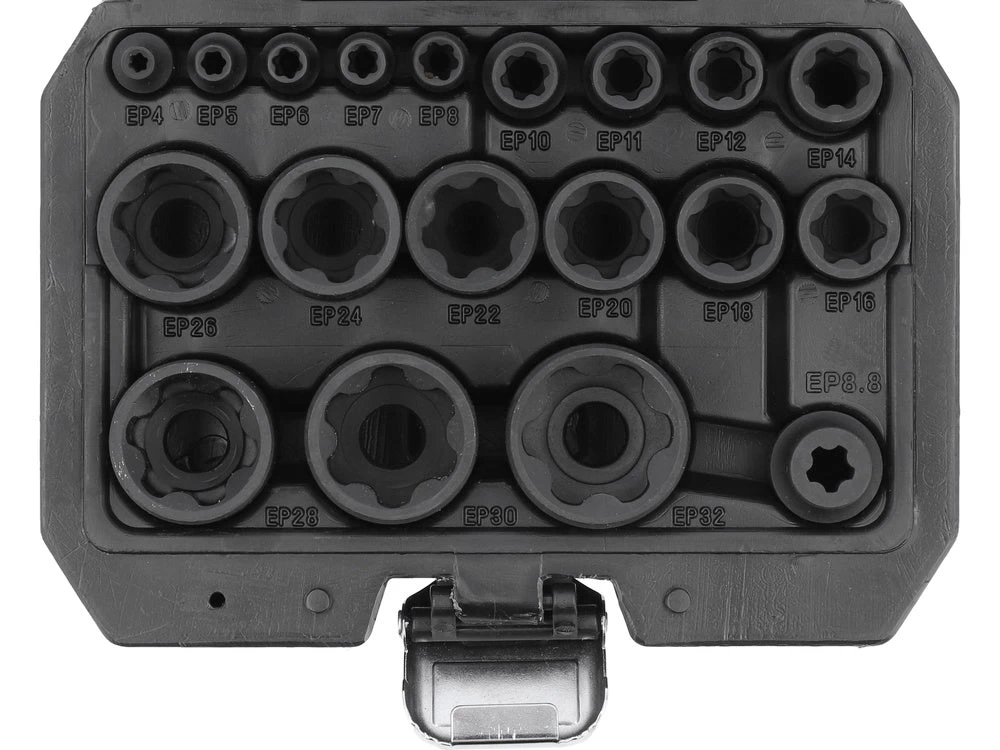 Smūginių galvučių rinkinys | E-Type Plus | 6,3 mm (1/4), 10 mm (3/8), 12,5 mm (1/2) | EP4 - EP32 | 19 vnt. (YT-05197)