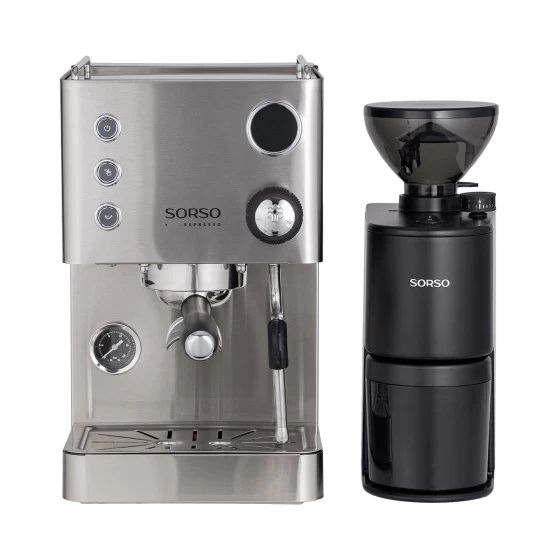 SORSO Espresso pusiau automatinis kavos aparatas - sidabrinis + SORSO Peppe Brew &amp;amp; Espresso by Eureka elektrinė kavamalė - juoda