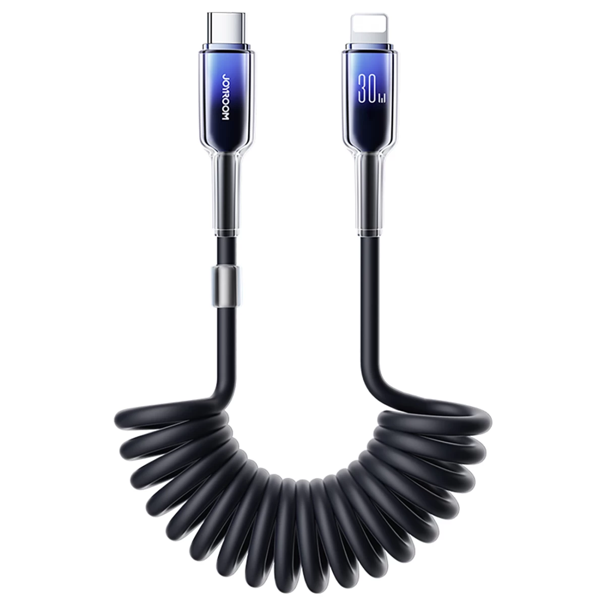 Spiralinis Kabelis Usb-c - Iphone Lightning Crystal-clear Series 30w 1,5 M - Juodas