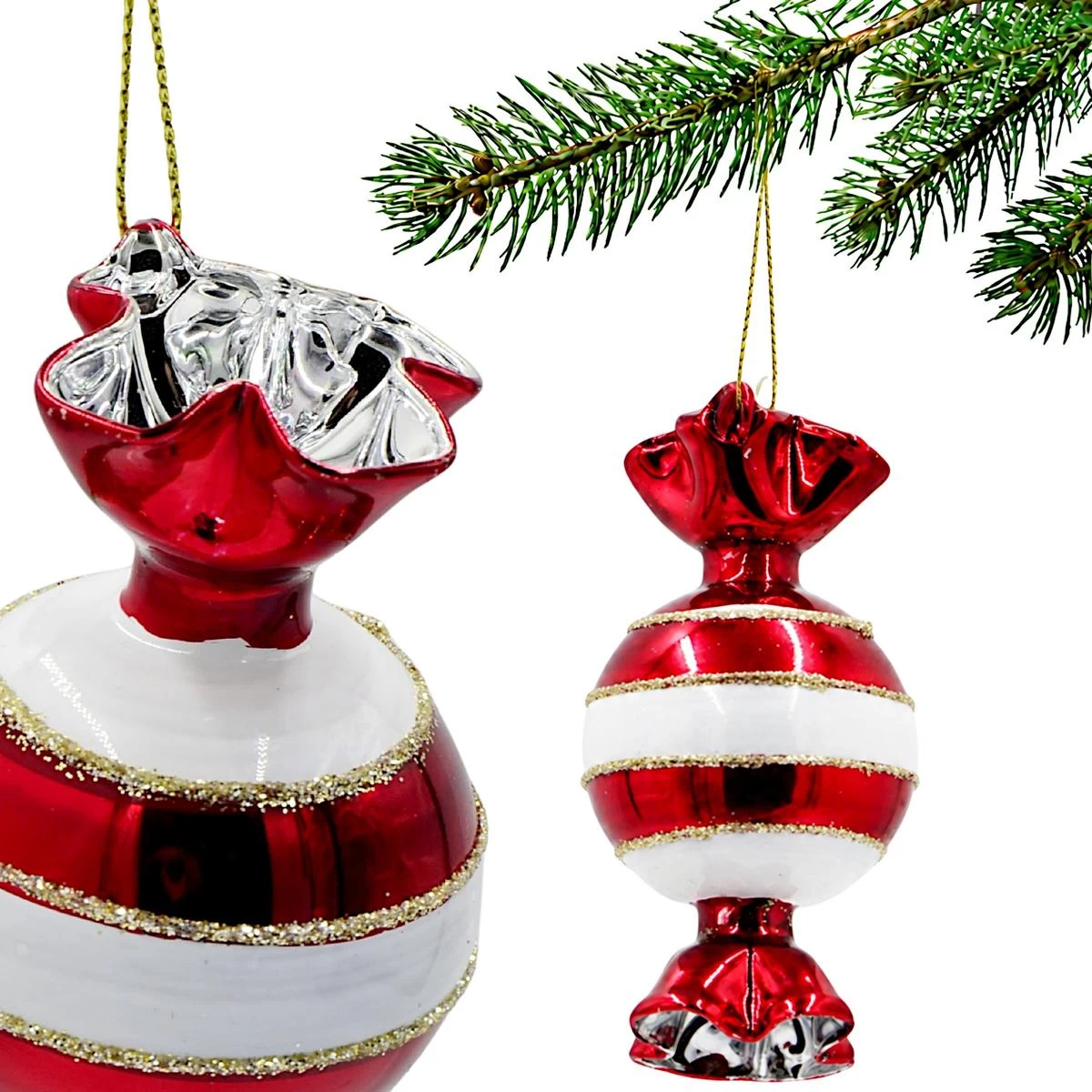Stiklinė Kalėdinė Eglutės Papuošalas „sūriukas“, 10 Cm, Su Horizontaliomis Juostelėmis
