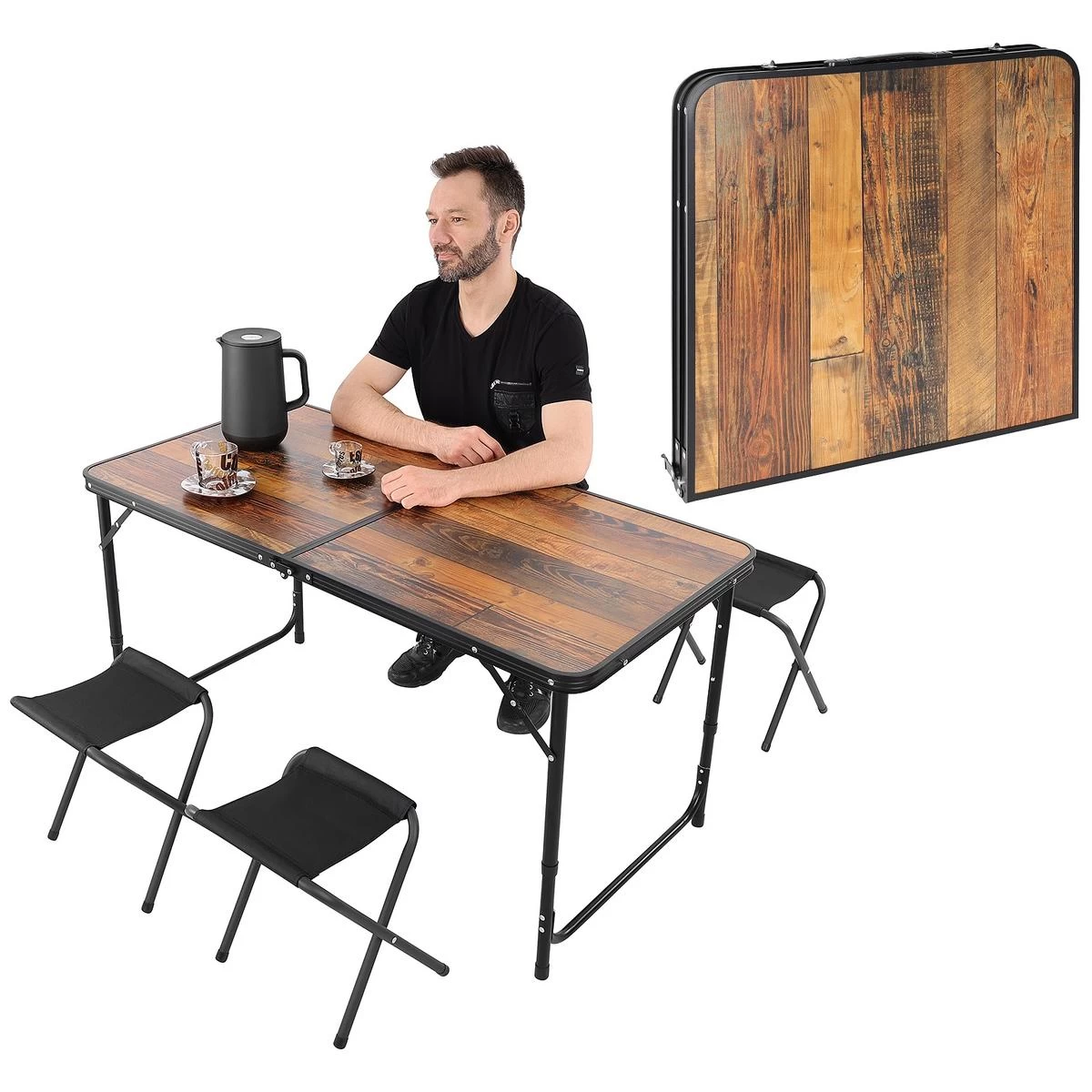 Sulankstomas Stovyklavimo Stalas 120x60x70/62/55 Cm Ir 4 Kėdės Medinės