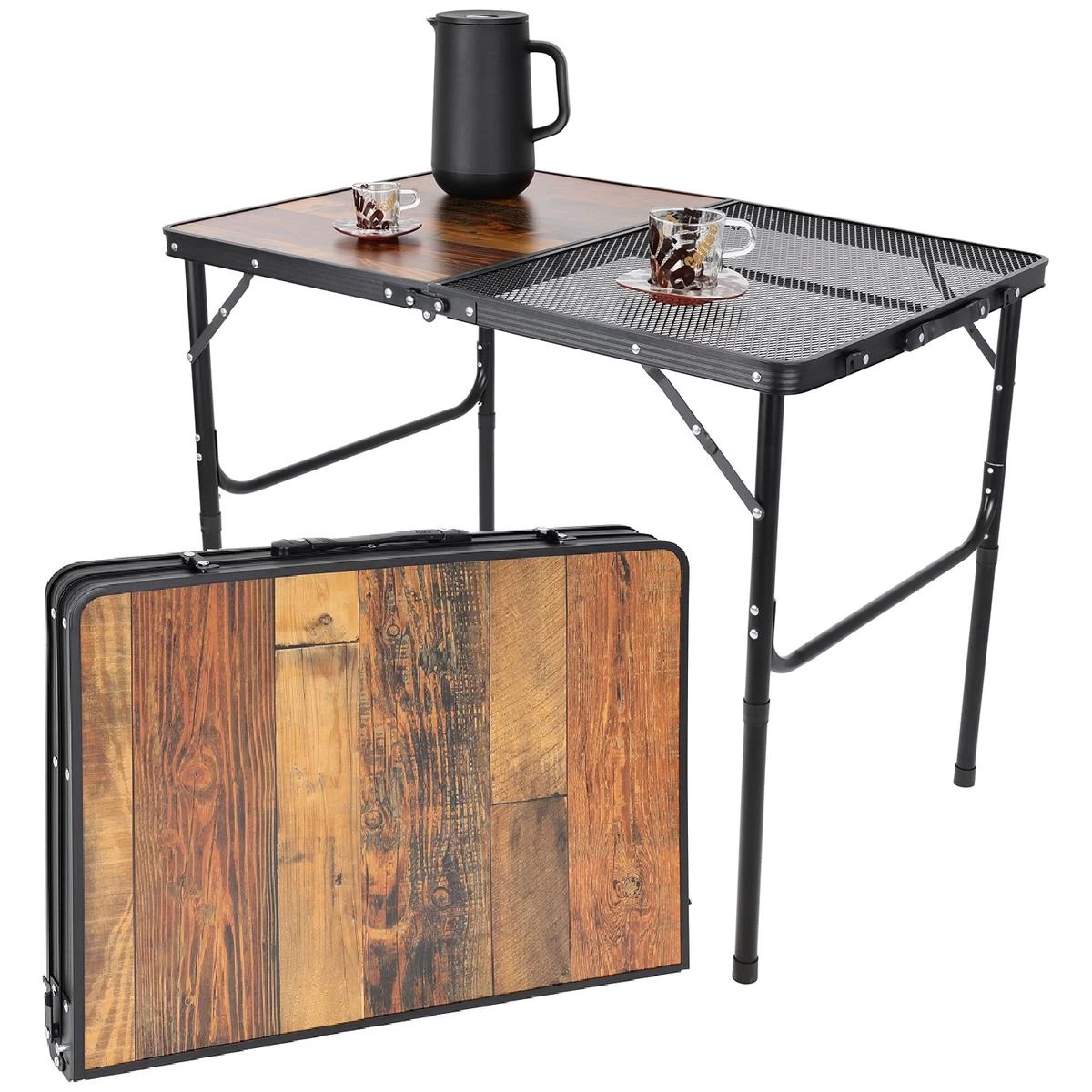 Sulankstomas Stovyklavimo Stalas 90x60x36-68cm Plieno Tinklelis Mediena