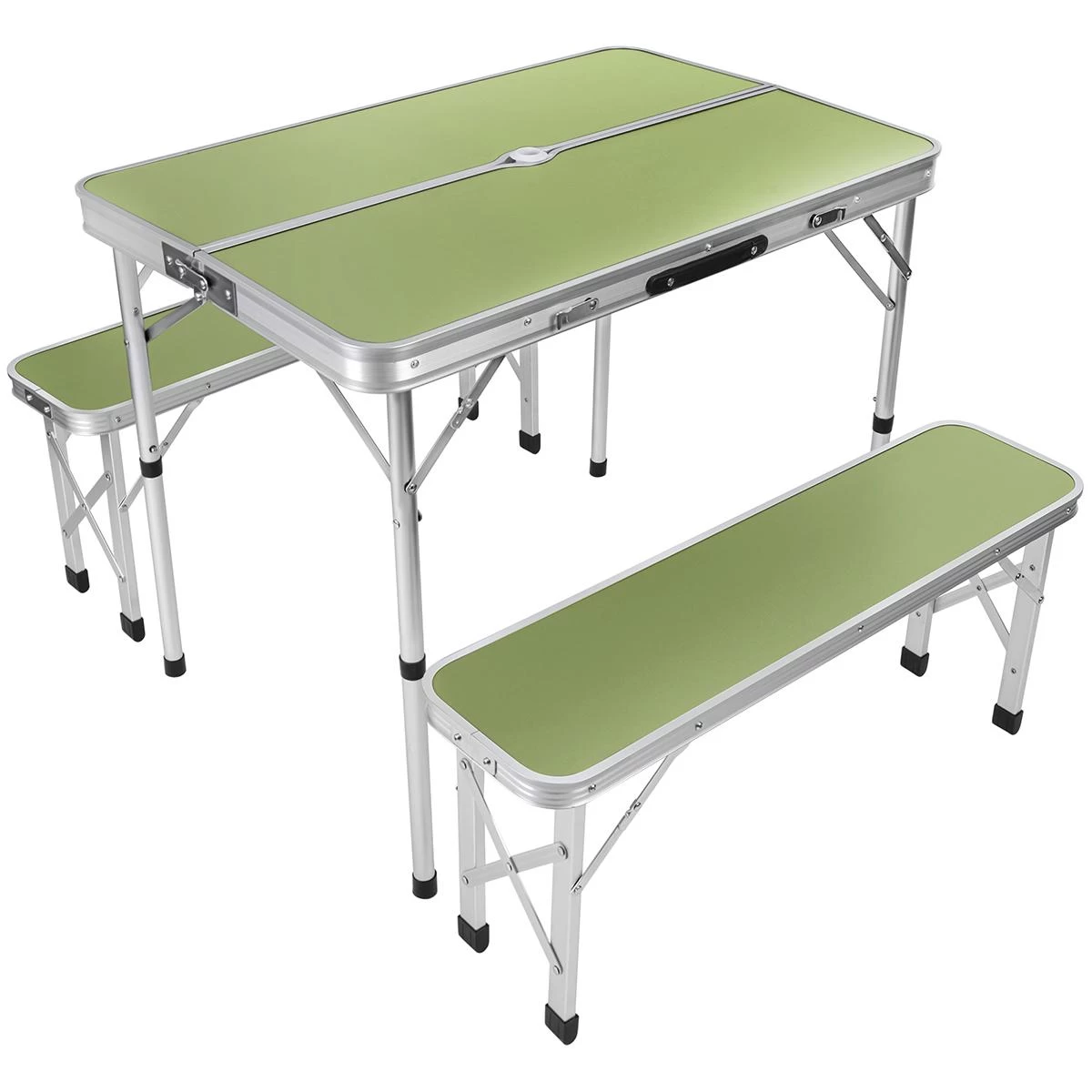Sulankstomas Turistinis Kempingo Stalas 90x60x70 Cm Ir 2 Suolai 87x23x39 Cm žalia