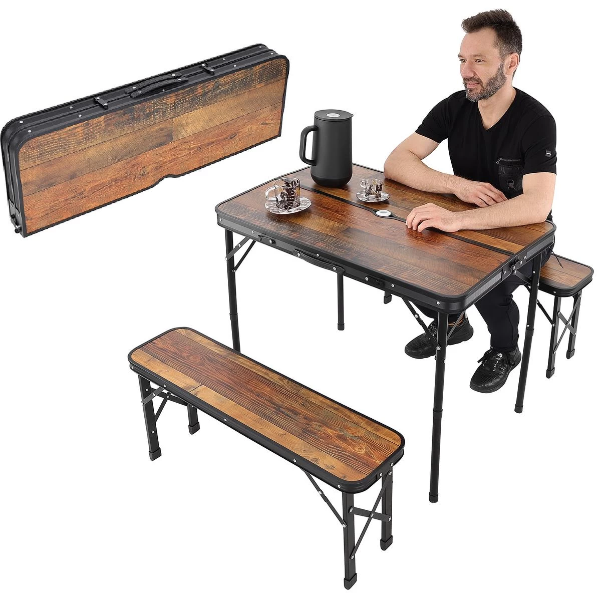Sulankstomas Turistinis Stalas 90x60x70cm Ir 2 Suolai 87x23x39cm, Pagaminti Iš Medžio